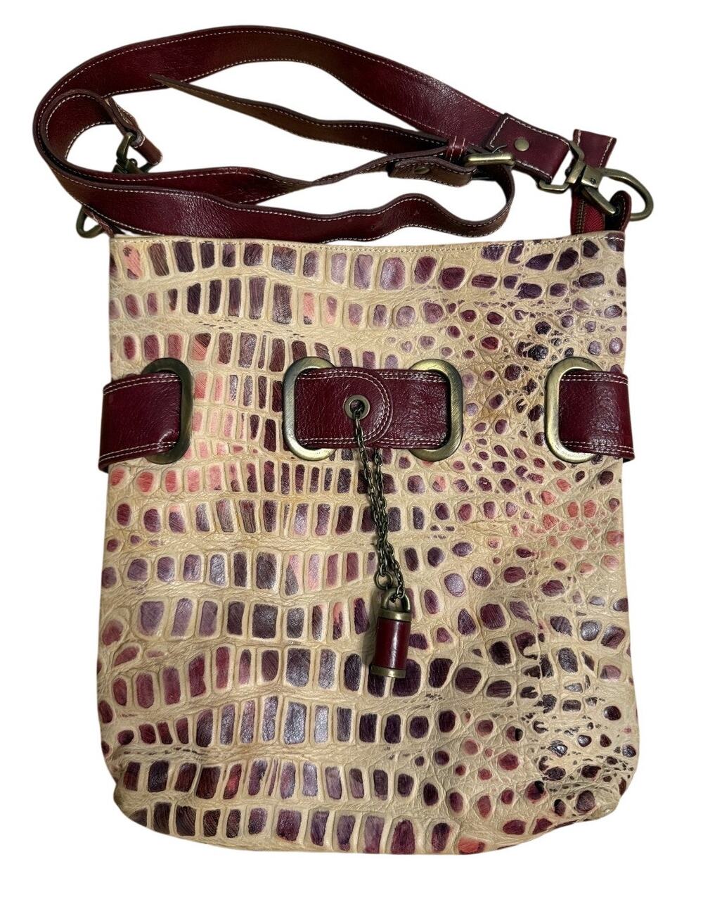 Ferromoda Italian Croc-Embossed Leather Crossbody Cherry Red Merlot Burgundy